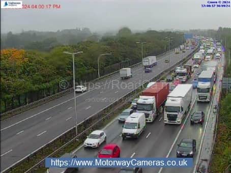 Queues of traffic seen near Junction 10a for the M54. Photo: Motorway Cameras