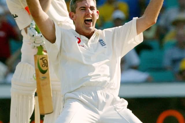 England's Andy Caddick appeals successfully to the umpire to have Australia's Ricky Ponting dismissed