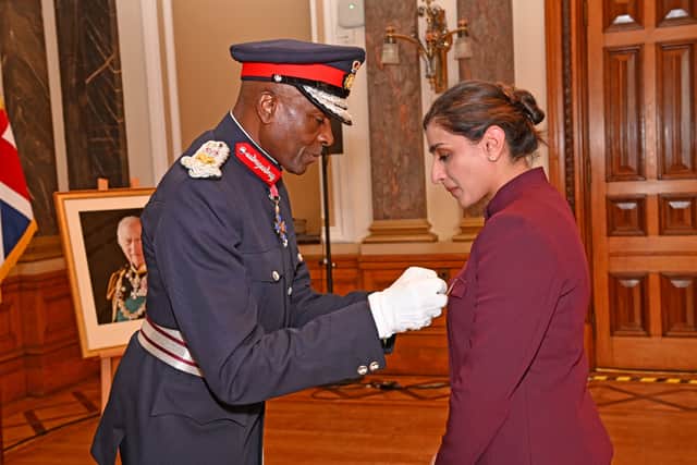 Sundeep Kaur awarded her BEM by Lord-Lieutenant Derrick Anderson..