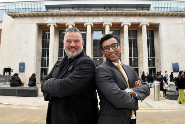 Steve Homer and Prashant Pillai celebrate Wolverhampton University now sponsoring The Halls