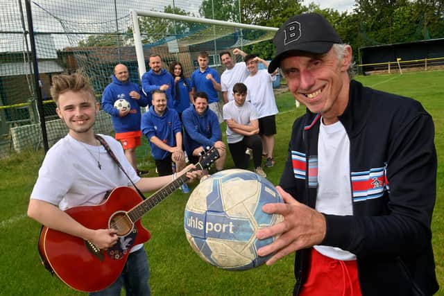 Billy Spakemon, musician Josh Millard-Lloyd, Tividale FC staff and players from the Black Country charities are getting ready for upcoming the football match