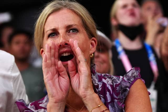 The Duchess of Edinburgh cheers on the Great Britain Women's Team Sprint team in the gold medal finals. Photo: David Davies/PA Wire