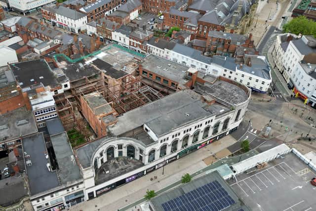 A recent aerial picture of Beatties, showing the ground floor extension in the concave crescent area that will be removed