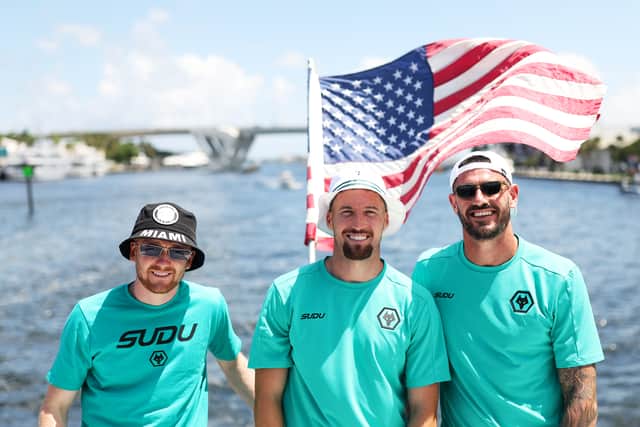 Tommy Doyle, Matt Doherty and Tom King of Wolverhampton Wanderers pose for a photo as they take a water taxi boat tour in Fort Lauderdale, Florida.  (Photo by Jack Thomas - WWFC/Wolves via Getty Images).