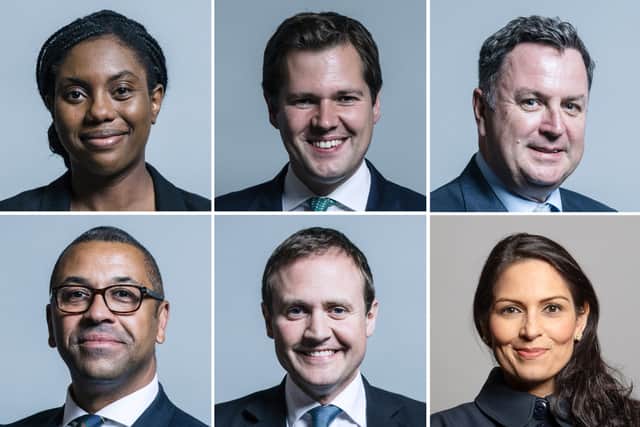 Six senior Tories who are set to fight it out in a battle for the future of the Conservative Party in the wake of its worst-ever election result. (top row left to right) Kemi Badenoch, Robert Jenrick and Mel Stride, (bottom row left to right) James Cleverly, Tom Tugendhat and Dame Priti Patel.