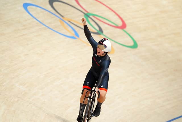 Great Britain's Sophie Capewell celebrates winning gold. Photo: David Davies/PA Wire
