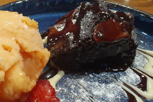 The orange sorbet added nicely to the brownie