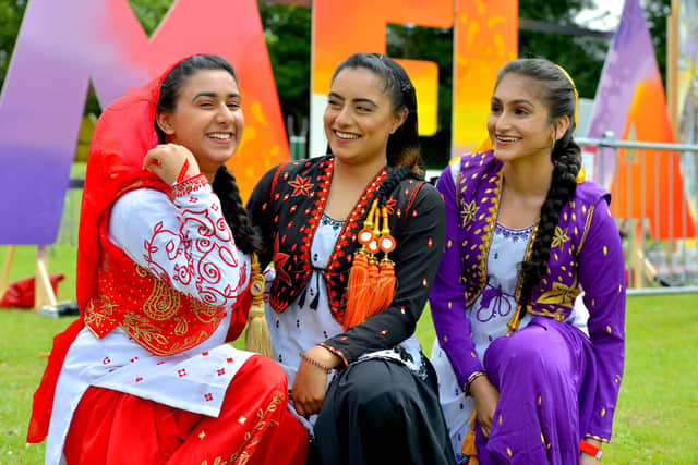 SANDWELL COPYRIGHT EXPRESS AND STAR STEVE LEATH 01/07/2019..Pics in Victoria Park, Smethwick at the Sandwell Mela. Sana Ramay, Jasmine Singh and Jugan Sahota from Smethwick and Vakhri Tohr..