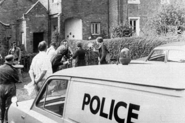 Police and the media at Yew Tree Farm, near Kingswinford, where 13-year-old newspaper boy Carl Bridgewater was murdered