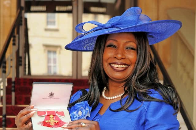 Sandra Samuels receiving the OBE for political service and services to local government in 2016.