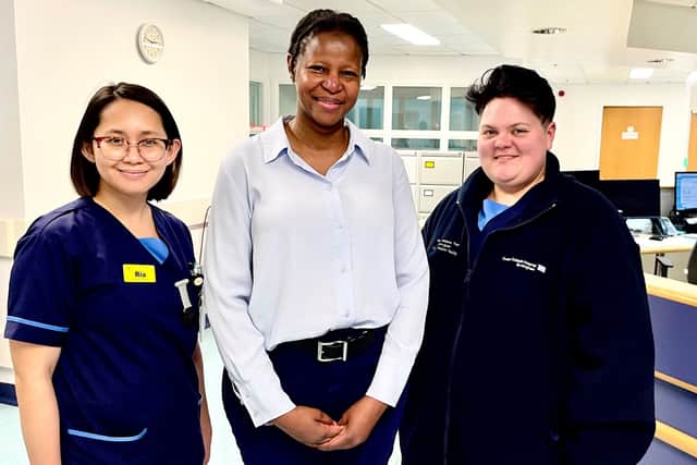 Research sister Ria De Leon, oncology consultant Dr Victoria Kunene, and research sister Hayley Rolfe, Research Sister.