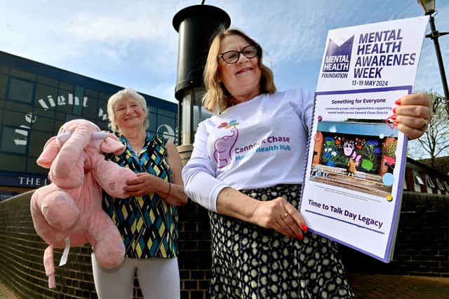 Jacquie Prestwood and Liz Williams with the Cannock Chase Mental Health Hub book and mascot