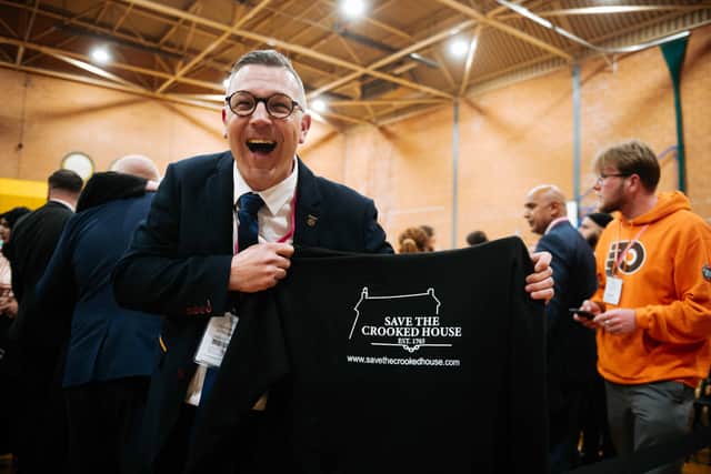 Tory candidate and Crooked House campaigner Ian Sandall celebrates being elected in the Sedgley ward