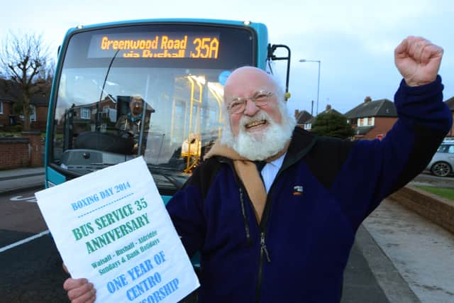 Ten years ago Cllr Richard Worrall celebrates the first anniversary of the number 35 bus in Rushall. .