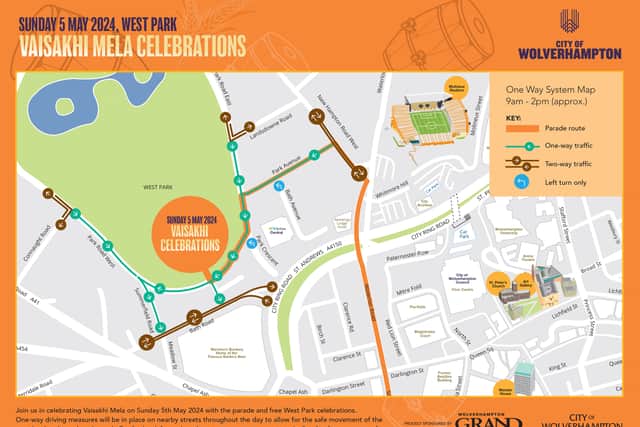 A map has been released showing the different road closures around West Park on Sunday. Photo: Wolverhampton Council