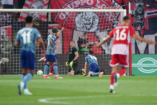 Aston Villa goalkeeper Emiliano Martinez sits dejected after Olympiacos' Ayoub El Kaabi scores their side's first goal of the game during the UEFA Europa Conference League semi-final, second leg match at The Georgios Karaiskakis Stadium, Athens. Picture date: Thursday May 9, 2024. PA Photo. See PA story SOCCER Villa. Photo credit should read: Zac Goodwin/PA Wire.


RESTRICTIONS: Use subject to restrictions. Editorial use only, no 
commercial use without prior consent from rights holder.
            
