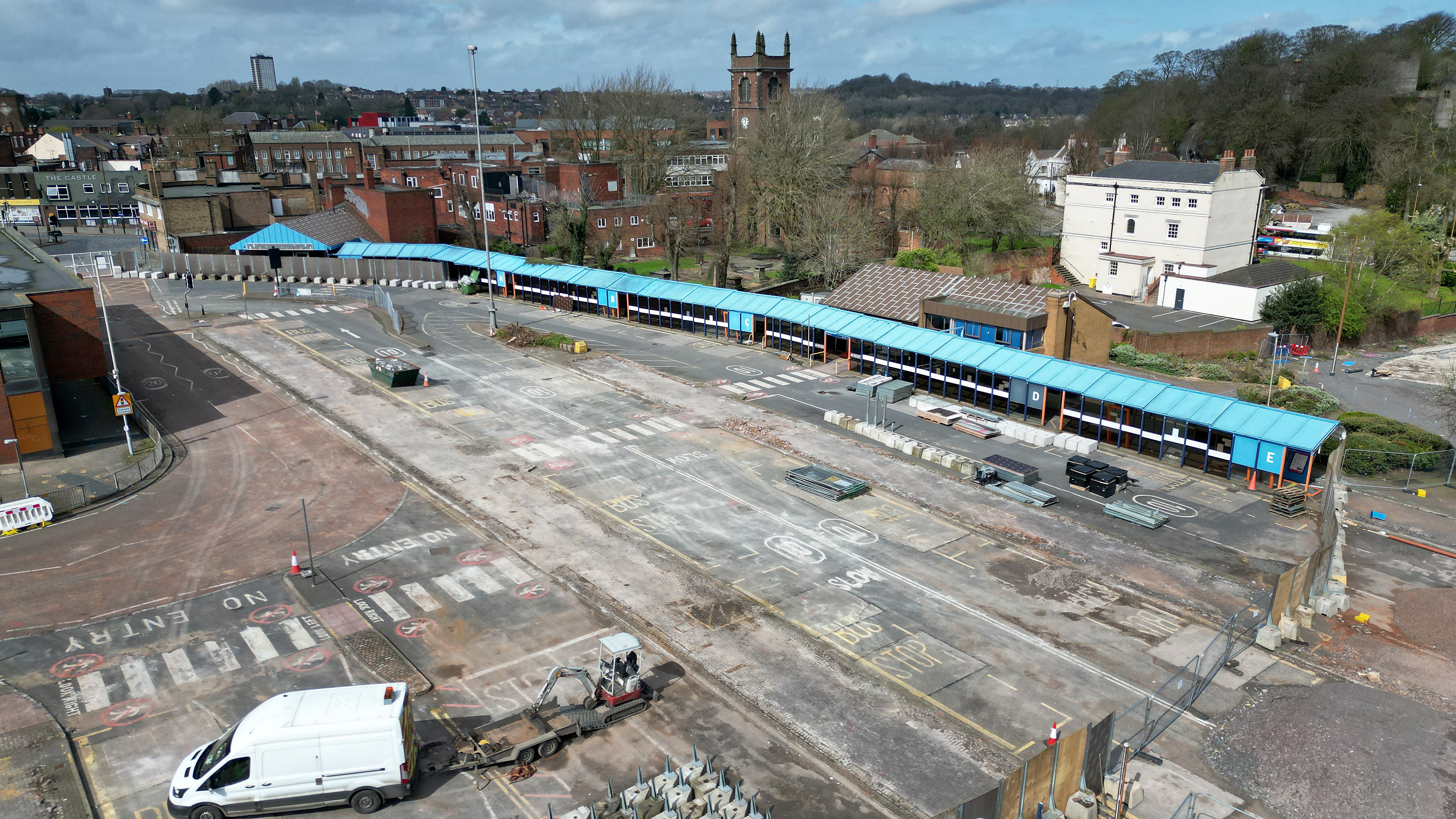 The blue bus terminals still stand at the site