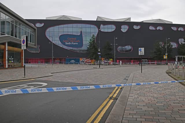 A police cordon was in place outside New Square Shopping Centre on Monday morning