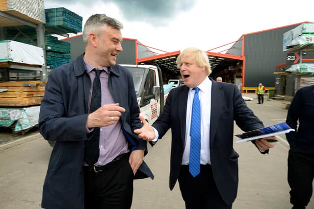 Pete Madeley shares a joke with future prime minister Boris Johnson during a visit to Wolverhampton in 2017