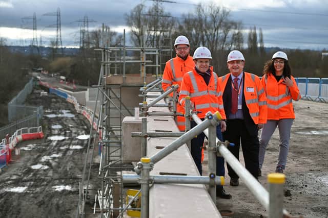Sophie Allison, managing director of West Midlands Metro, right, with Tom Maplethorpe from the Midland Metro Alliance, left, West Midlands Mayor Andy Street, and Councillor Peter Hughes
