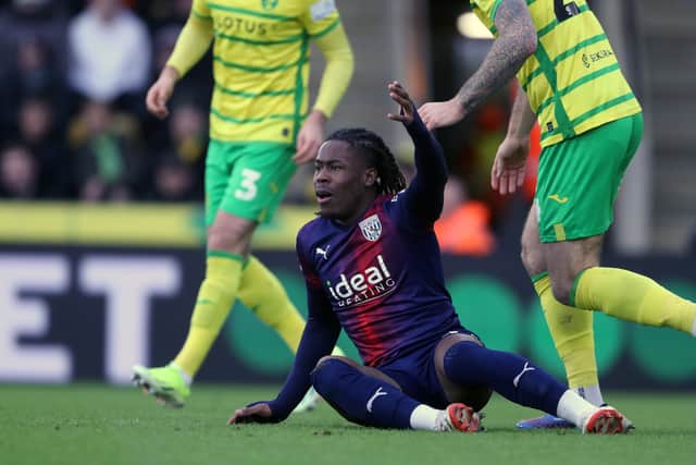 Brandon Thomas-Asante has appeals for a penalty waved away (Photo by Adam Fradgley/West Bromwich Albion FC via Getty Images).