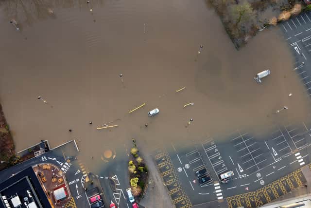 This aerial shot shows the level of flooding on the car park