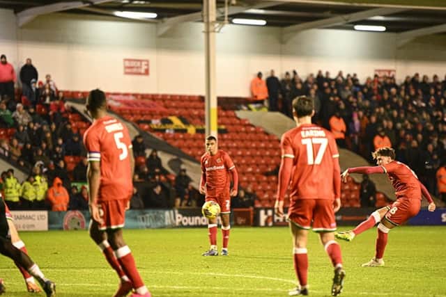 Isaac Hutchinson puts Walsall ahead (Owen Russell)