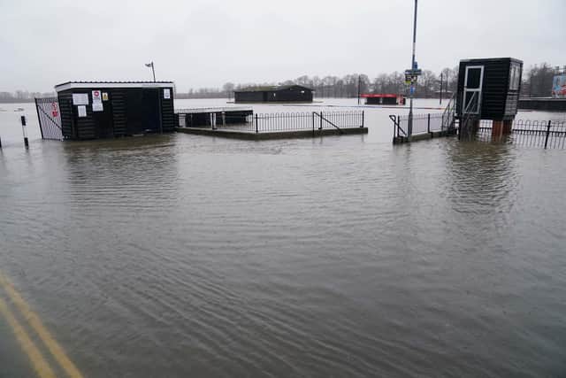A flooded Worcester racecourse, as heavy rain continues to fall in the area. Photo: Jacob King/PA Wire.