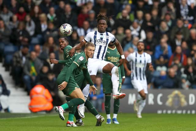 Brandon Thomas-Asante challenges for the ball (Photo by Adam Fradgley/West Bromwich Albion FC via Getty Images).