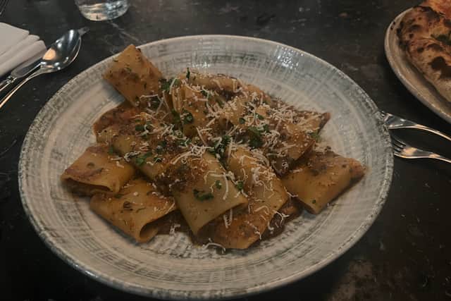 The Paccheri Ortolana: a mushroom and vegetable ragu with tomato and flat leaf parsley.