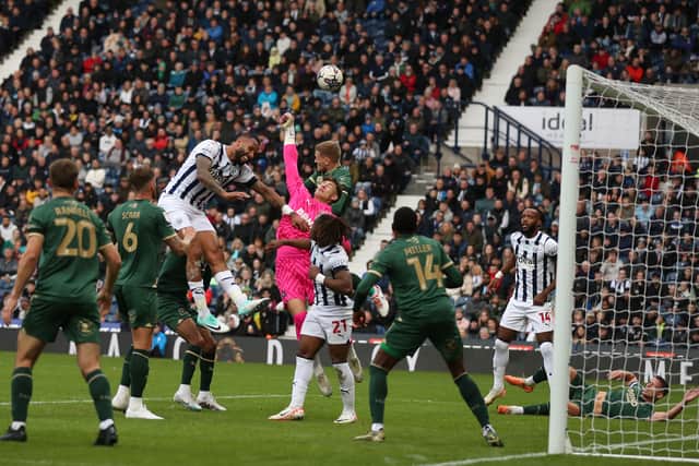 Kyle Bartley goes close to getting on the end of a corner (Photo by Adam Fradgley/West Bromwich Albion FC via Getty Images).