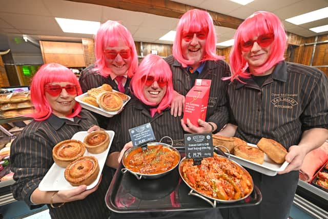 Great Wyrley butchers E&S Mears is holding a charity funday on Sat 28th Oct for Breast Cancer Awareness on Saturday called 'Let's Wear Pink'.Pictured left, Lucy McDonald, Mark Turner, Dave McDonald, Steve Turner and Callum Seedhouse....