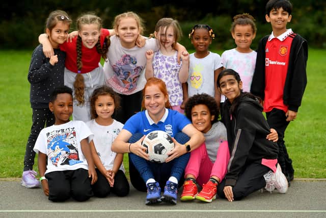 Birmingham City FC player Martha Harris visited Merridale Primary School, Wolverhampton
