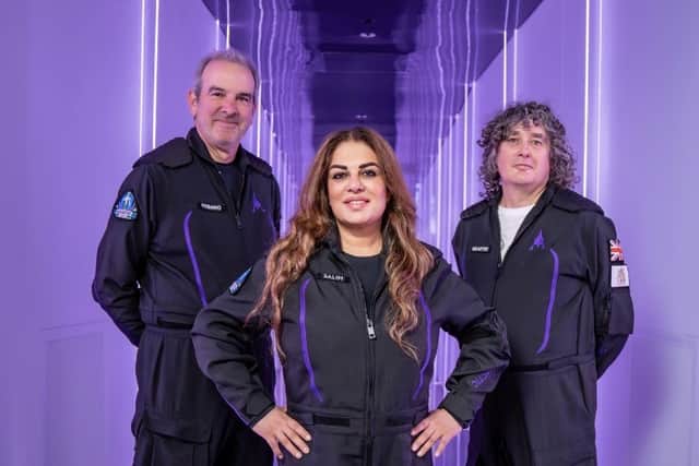 The space 04 flight crew, Pictured left to right: Rom Rosano, Namira Salim and Trevor Beattie. Credit: Virgin Galactic