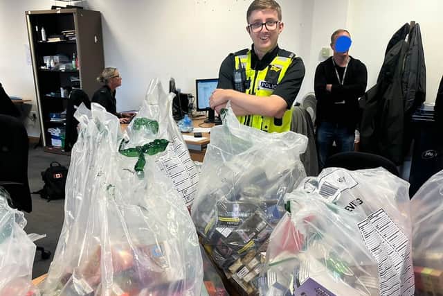 An officer from Rowley Regis LPU with vapes and tobacco seized today