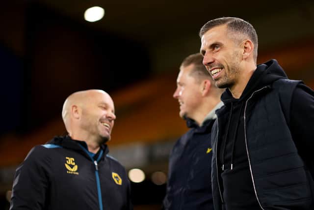 Gary O'Neil and assistant Tim Jenkins with James Collins at Molineux (Getty)