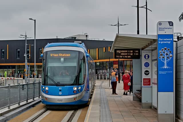 The tram pulling into Wolverhampton Railway Station. Photo: John Whitehouse.