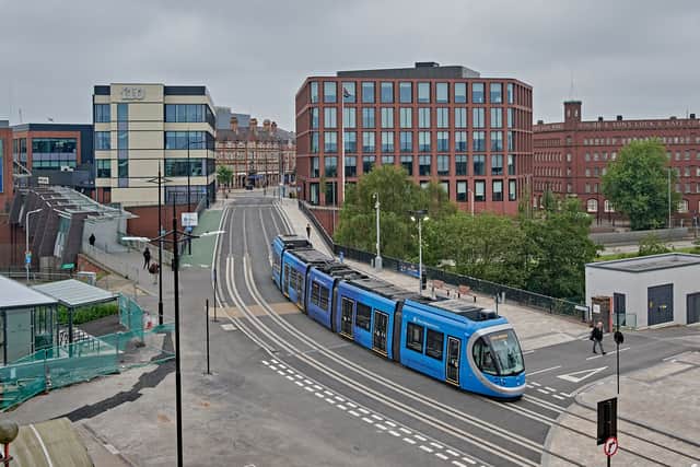 The tram beginning its approach to Wolverhampton Railway Station. Photo: John Whitehouse.