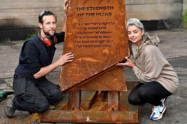 Metal artist Luke Perry has created a huge Hijab sculpture destined for Smethwick. Luke is pictured with Karmi Bains, arts and heritage consultant for Legacy West Midlands..