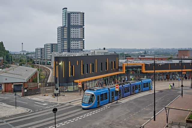 West Midland Metro trams stop at Wolverhampton Railway Station.