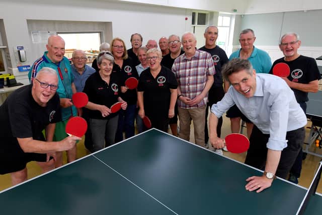 Sir Gavin Williamson with the Bat and Chat table tennis group at Cheslyn Hay Village Hall