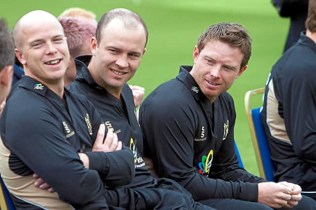 Warwickshire's Tim Ambrose, Jonathan Trott (centre) and Ian Bell (right) during a press day at Edgbaston, Birmingham. PRESS ASSOCIATION Photo. Picture date: Thursday April 7, 2011. Ian Bell married his partner Chantal Bostock yesterday in Leamington. Photo credit should read: David Jones/PA Wire.