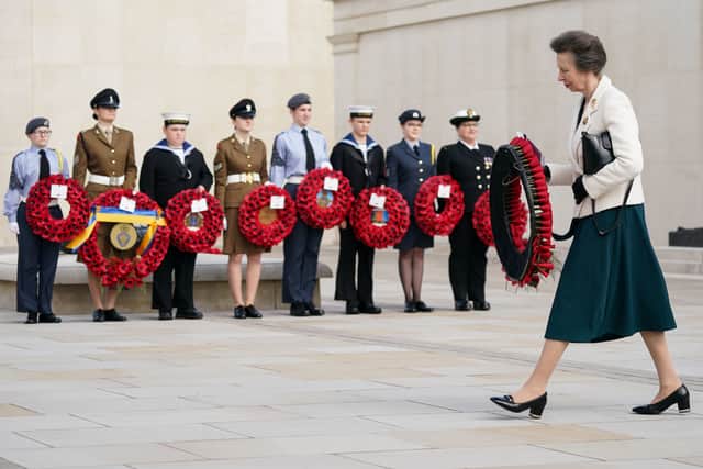 The Princess Royal lays a wreath during Remembering National Service - 60 years on at the National Memorial Arboretum in Alrewas 