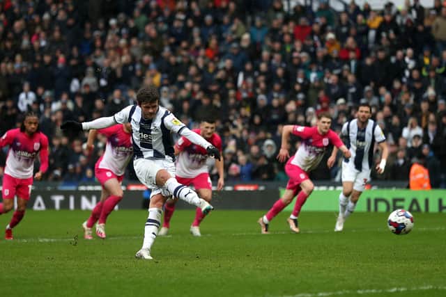John Swift of West Bromwich Albion scores from the spot (Photo by Adam Fradgley/West Bromwich Albion FC via Getty Images).