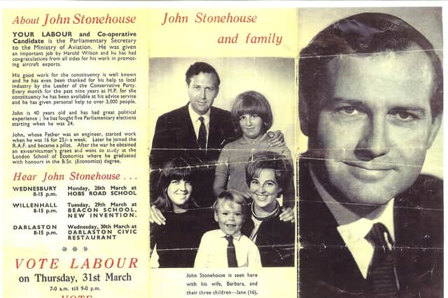 An election campaign leaflet from 1966 showing John Stonehouse with his wife Barbara and their three children (Courtesy of Ian Payne)