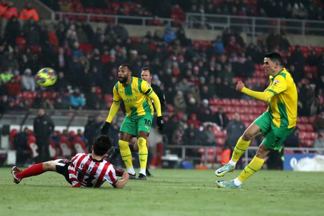 Tom Rogic of West Bromwich Albion scores a goal to make it 1-1 during the Sky Bet Championship between Sunderland and West Bromwich Albion at Stadium of Light on December 12, 2022 in Sunderland, United Kingdom. (Photo by Adam Fradgley/West Bromwich Albion FC via Getty Images).