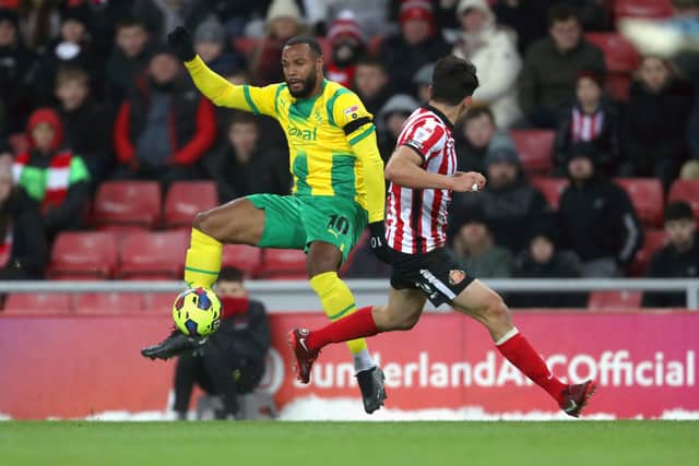 Matt Phillips of West Bromwich Albion and Luke O'Nien of Sunderland during the Sky Bet Championship between Sunderland and West Bromwich Albion at Stadium of Light on December 12, 2022 in Sunderland, United Kingdom. (Photo by Adam Fradgley/West Bromwich Albion FC via Getty Images).