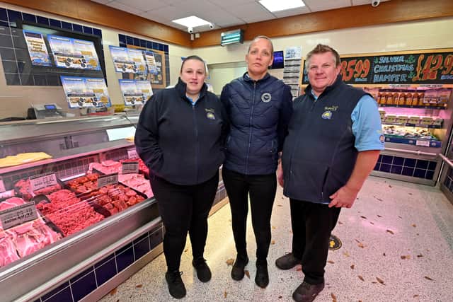 Nadine Turner-Richards, Lisa Nicholson and Anthony Jones from Alan Warwick Butchers. Lisa said the minimum wage rise was good, but preferred not to pay more tax