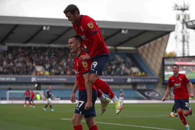 John Swift of West Bromwich Albion celebrates after scoring a goal to make it 0-1 with provider Jed Wallace of West Bromwich Albion during the Sky Bet Championship between Millwall and West Bromwich Albion at The Den on October 22, 2022 in London, United Kingdom. (Photo by Adam Fradgley/West Bromwich Albion FC via Getty Images).