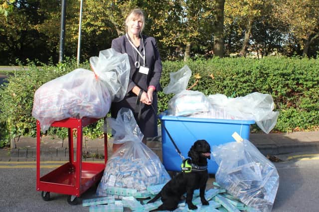 Alice Davey, Sandwell’s director of borough economy, with some of the seized illegal cigarettes and tobacco, and detection dog Cooper from Wagtail UK
